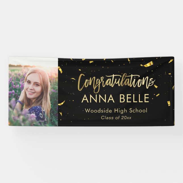 Modern Chic Script Elegant Gold Graduation Photo Banner (Horizontal)