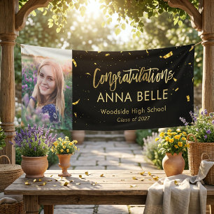 Modern Chic Script Elegant Gold Graduation Photo Banner