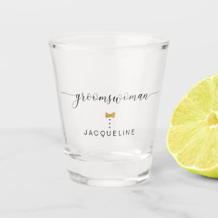 Modern Chic Script Groomswoman Gold Heart Name Shot Glass
