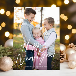 Modern Chic Script Happy New Year One Photo Holiday Card
