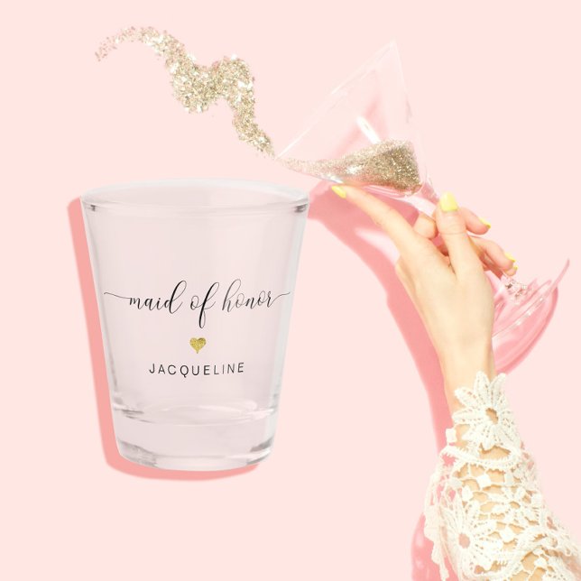 Modern Chic Script Maid of Honour Gold Heart Name Shot Glass (Creator Uploaded)