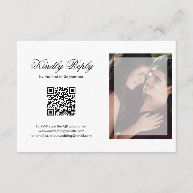 Modern Chic Script Photo QR Code Wedding RSVP Card (Front)