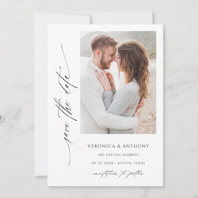 Modern Chic Script Photo Save the Date Card (Front)