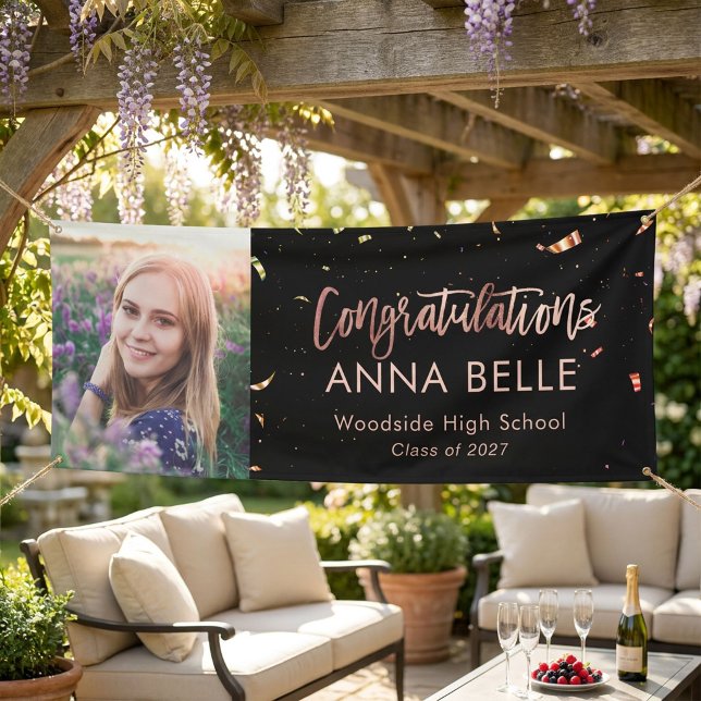 Modern Chic Script Rose Gold Graduation Photo Banner (Creator Uploaded)