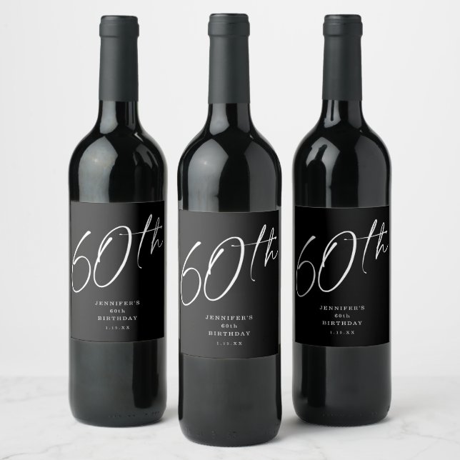 Modern Chic Script Sixtieth 60th Birthday Party Wine Label (Bottles)