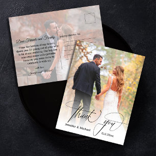 modern chic script thank you 2 photos wedding postcard