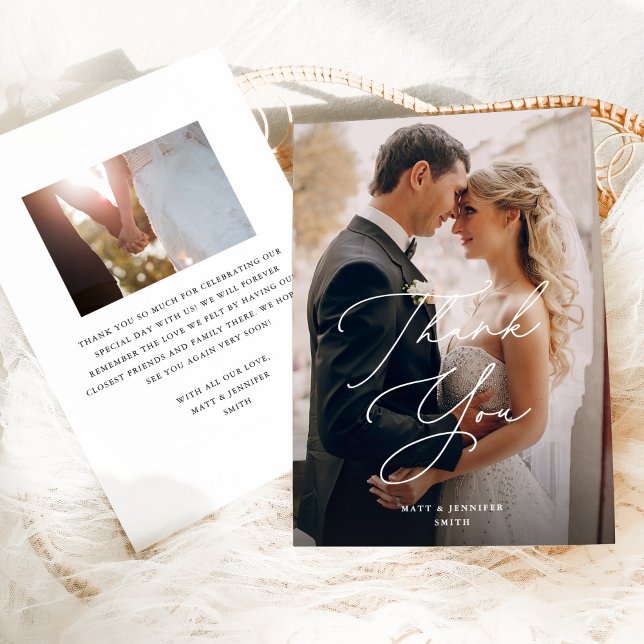 Modern Chic Script Wedding Two Photo Thank You Card (Creator Uploaded)