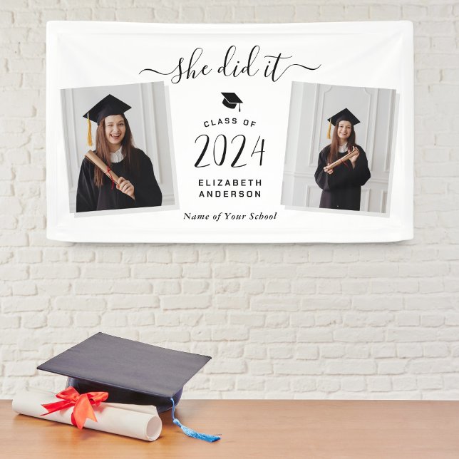 Modern Chic She Did It Graduate 2 Photo Graduation Banner (Creator Uploaded)