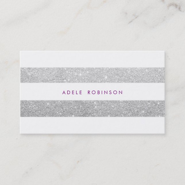 Modern Chic Silver Hip Glitter White Striped Business Card (Front)