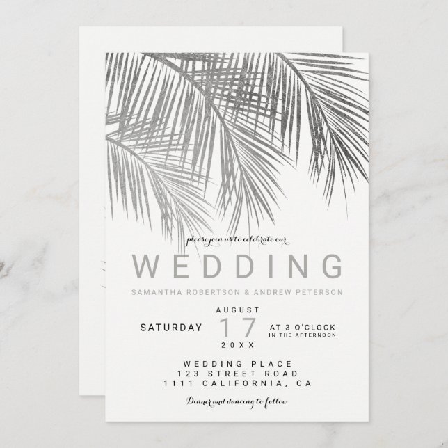 Modern chic silver palm tree elegant wedding invitation (Front/Back)