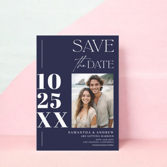 Modern chic simple bold script navy blue wedding save the date (Modern chic simple bold script navy blue wedding save the date)
