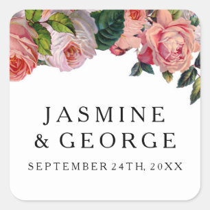 MODERN Chic Simple Font w Vintage Roses Floral Square Sticker