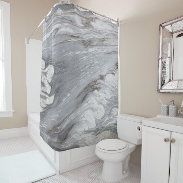 modern chic simple minimalist white grey marble shower curtain (In Situ)