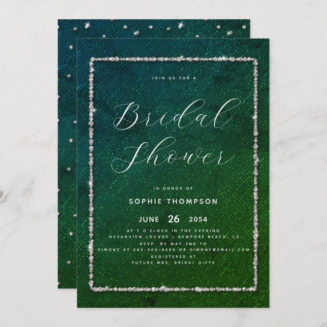 Modern Chic Sparkle Glitter Emerald Bridal Shower Invitation (Front/Back)