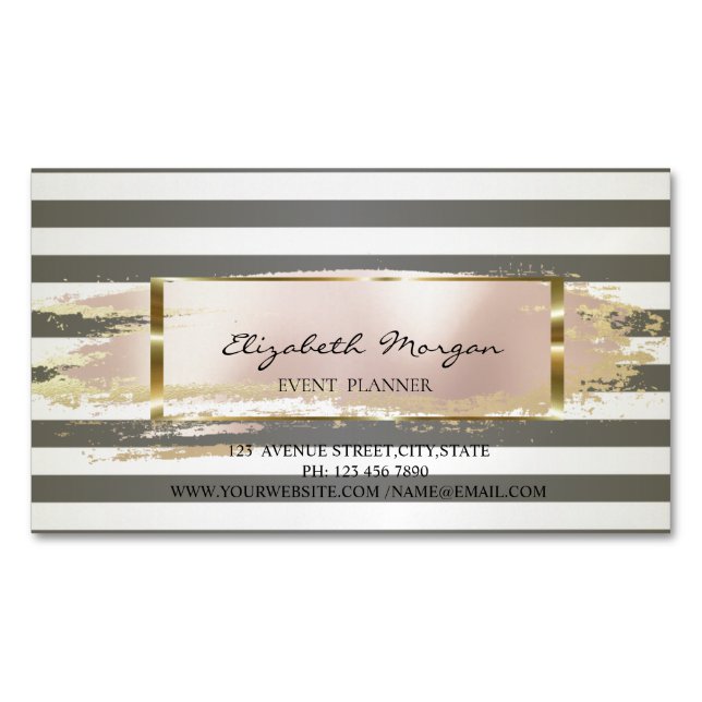 Modern Chic  Striped,Brush Stroke,Gold Frame Magnetic Business Card (Front)