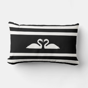 Modern chic swan couple on black & white striped lumbar cushion