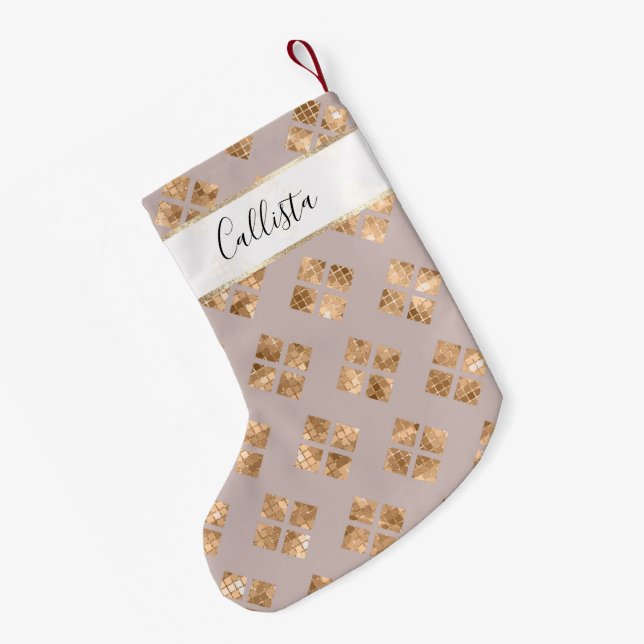 Modern Chic Taupe Gold Sequin Geometric Squares Small Christmas Stocking (Back (Hanging))