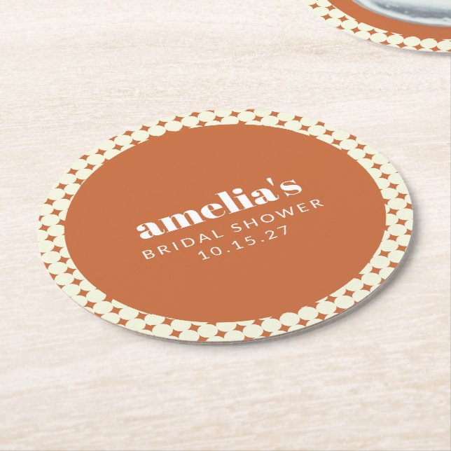 Modern Chic Terracotta Dots Bridal Shower Custom Round Paper Coaster (Angled)