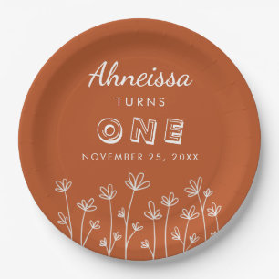 Modern Chic Terracotta Flowers First Birthday Paper Plate