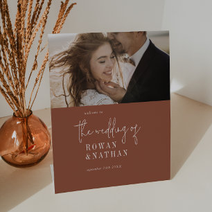 Modern Chic Terracotta Rust Photo Wedding Welcome Pedestal Sign