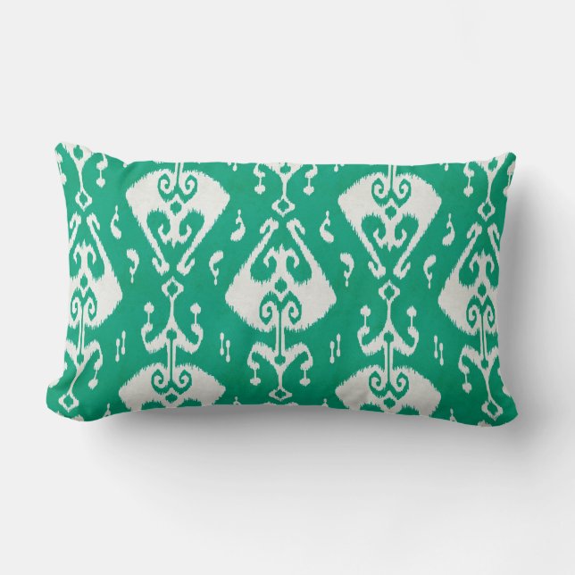 Modern chic textured green ikat tribal pattern lumbar cushion (Front)
