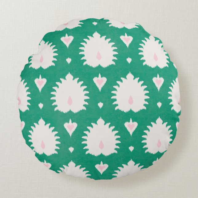 Modern chic textured green pink ikat pattern round cushion (Front)