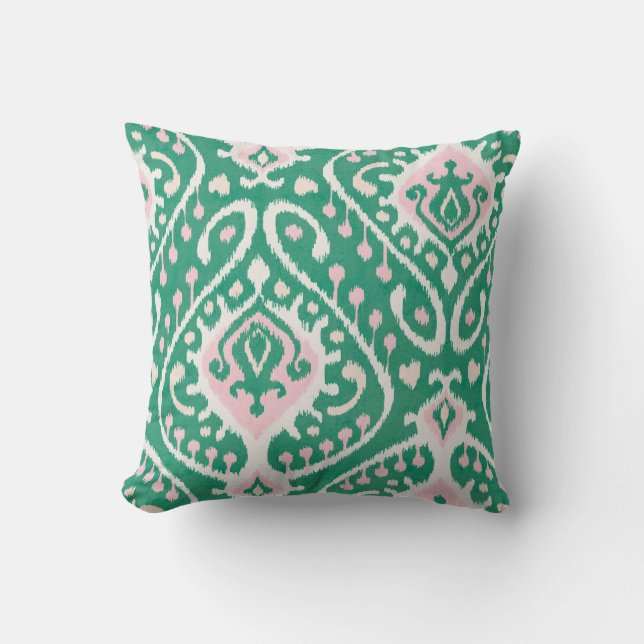 Modern chic textured pink green ikat pillow (Front)