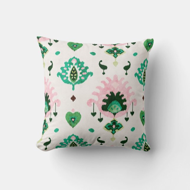 Modern chic textured pink green ikat pillow (Front)