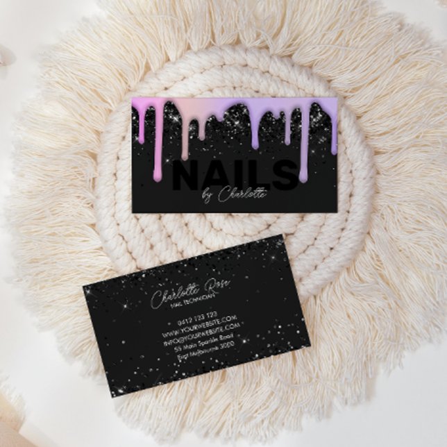 Modern Chic Trendy Pink Purple Drips Nail Business Business Card (Creator Uploaded)