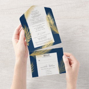 Modern Chic Tropical Gold Palm Navy Wedding All In One Invitation
