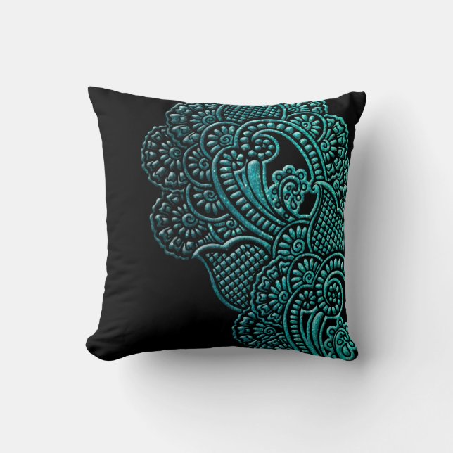 Modern Chic Turquoise Black Glitter Artsy Floral Cushion (Front)