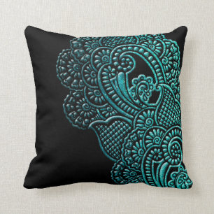 Modern Chic Turquoise Black Glitter Artsy Floral Cushion