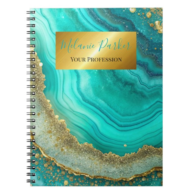 modern chic turquoise gold marble glitter notebook (Front)