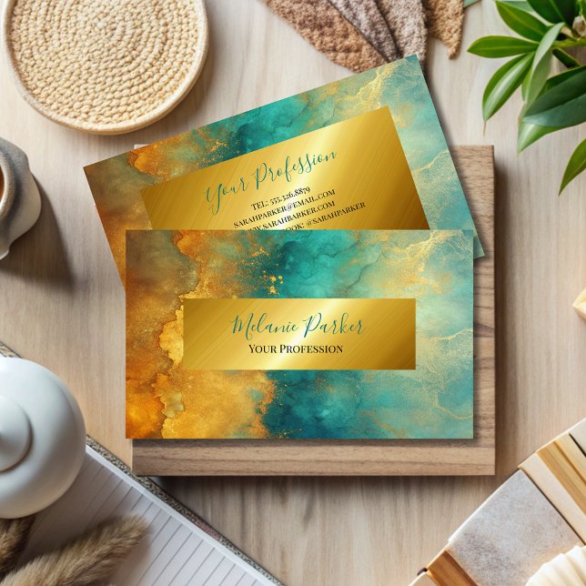 modern chic turquoise gold watercolor  business card (Creator Uploaded)