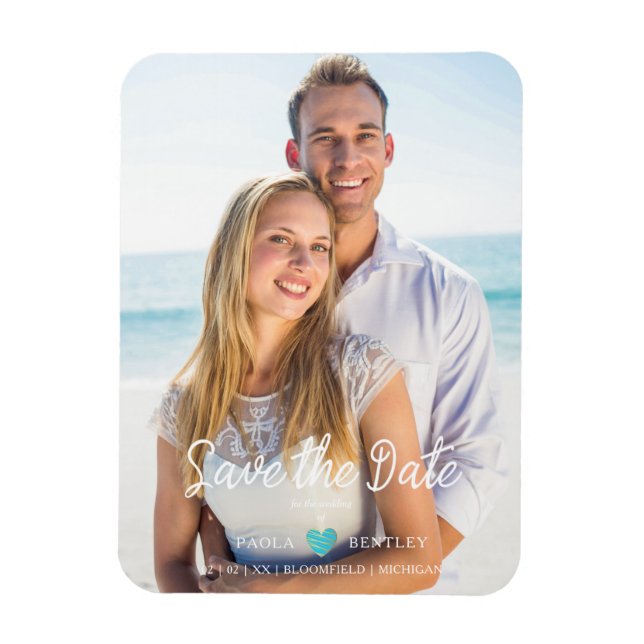 Modern Chic Turquoise Heart Photo Couple Save Date Magnet (Vertical)