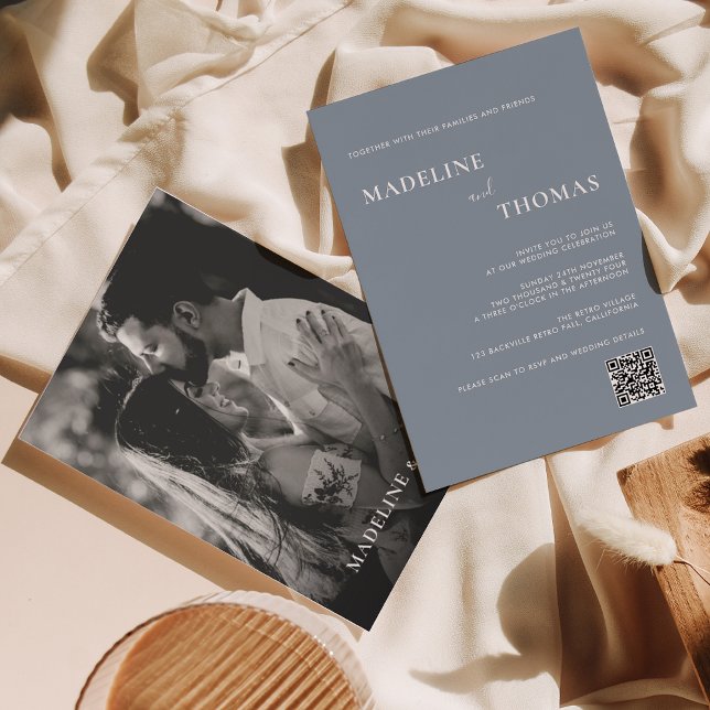 Modern Chic Typography Dusty Blue Photo Wedding Invitation (Creator Uploaded)