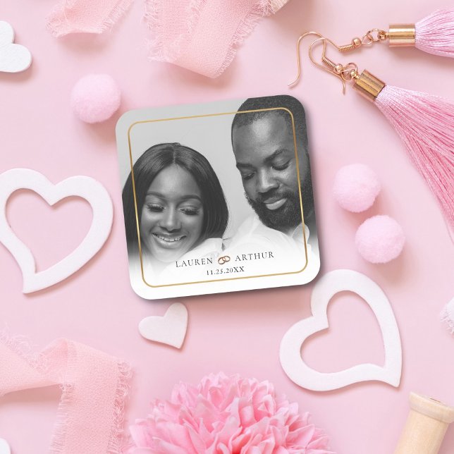 Modern Chic Ultra Minimal Gold Frame Photo Wedding Square Sticker (Creator Uploaded)