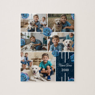 Modern Chic Watercolor Blue Roses Pet Photo Jigsaw Puzzle