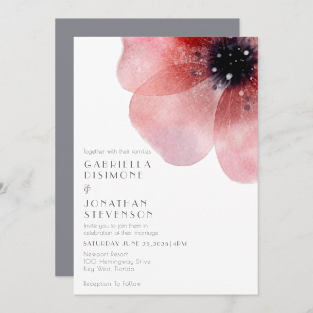 Modern Chic Watercolor Blush Poppy Grey Wedding Invitation (Front/Back)