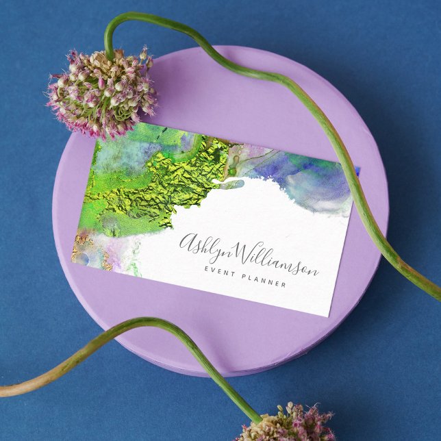 Modern, chic watercolor green blue & aqua splatter business card (Creator Uploaded)