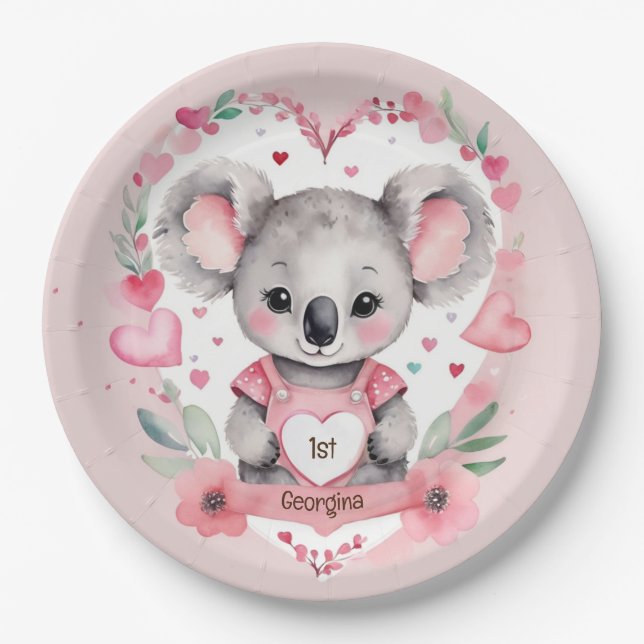 Modern Chic Watercolor Koala Pink Birthday Party Paper Plate (Front)