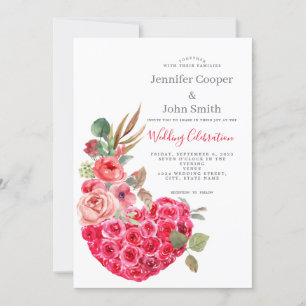 Modern Chic Watercolor Rose Heart Floral Wedding   Invitation