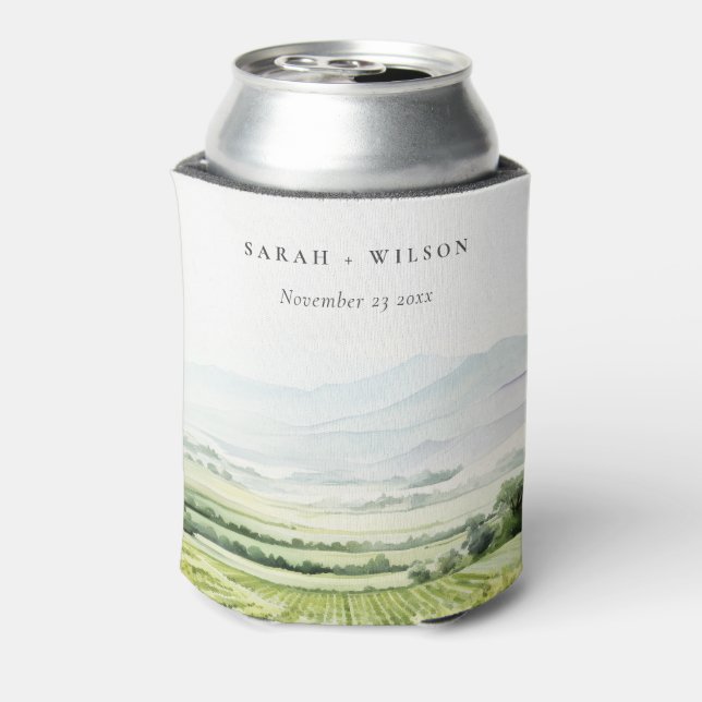 Modern Chic Watercolor Vineyard Landscape Wedding Can Cooler (Can Back)