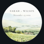 Modern Chic Watercolor Vineyard Landscape Wedding Classic Round Sticker<br><div class="desc">Modern Chic Watercolor Vineyard Landscape Theme Collection.- it's an elegant script watercolor Illustration of modern vineyard with mountains at the back, Perfect for your Vineyard destination wedding & parties. It’s very easy to customise, with your personal details. If you need any other matching product or customisation, kindly message via Zazzle....</div>