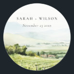 Modern Chic Watercolor Vineyard Landscape Wedding Classic Round Sticker<br><div class="desc">Modern Chic Watercolor Vineyard Landscape Theme Collection.- it's an elegant script watercolor Illustration of modern vineyard with mountains at the back, Perfect for your Vineyard destination wedding & parties. It’s very easy to customise, with your personal details. If you need any other matching product or customisation, kindly message via Zazzle....</div>