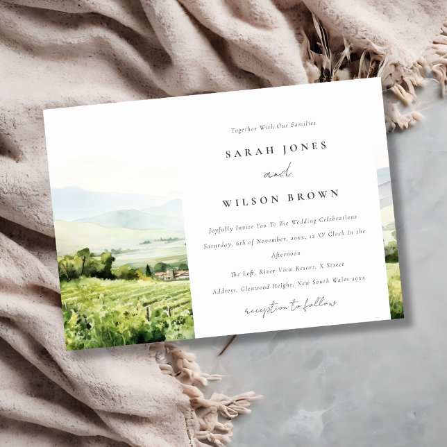Modern Chic Watercolor Vineyard Landscape Wedding Invitation (Creator Uploaded)