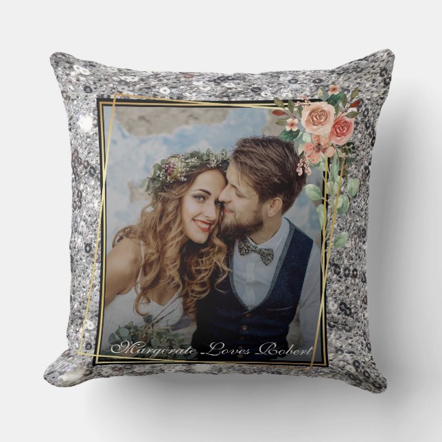 Modern Chic Wedding Love Couple Silver Glitter Cushion (Front)