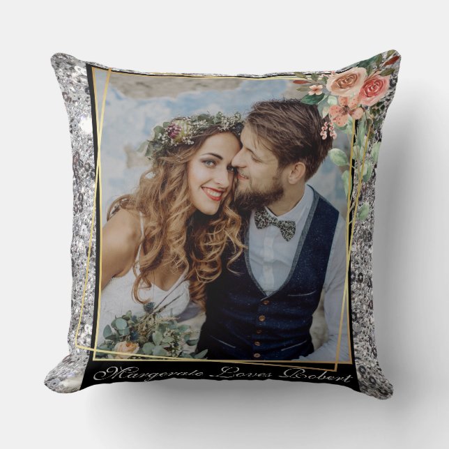 Modern Chic Wedding Love Couple Silver Glitter Cushion (Front)