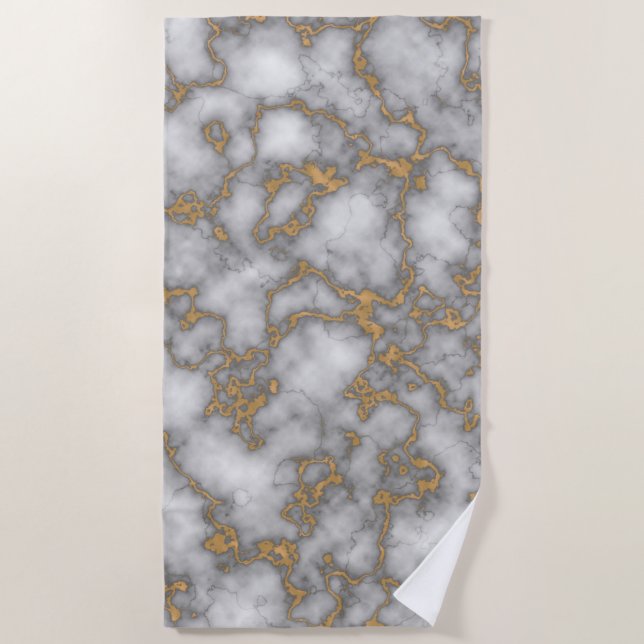 Modern Chic White Gold Foil Marble Pattern Beach Towel (Front)