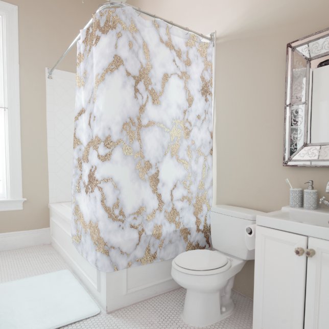 Modern Chic White Gold Foil Marble Pattern Shower Curtain (In Situ)